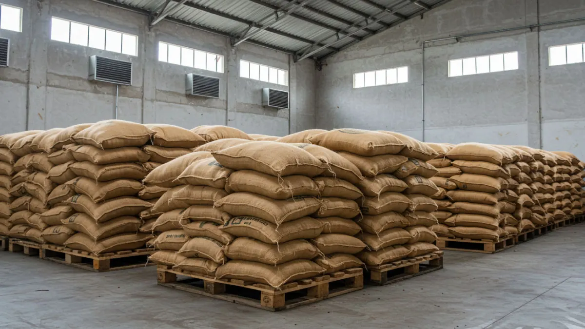 Stacked bulk commodity sacks inside the warehouse